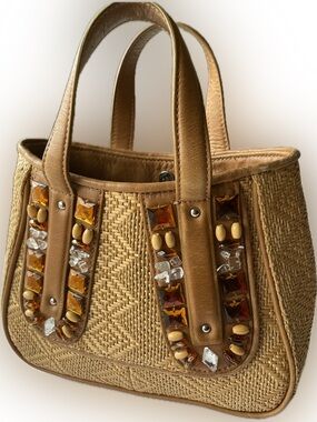 Cole Haan Tan Woven Straw Tote with Amber & Clear Gem Accents